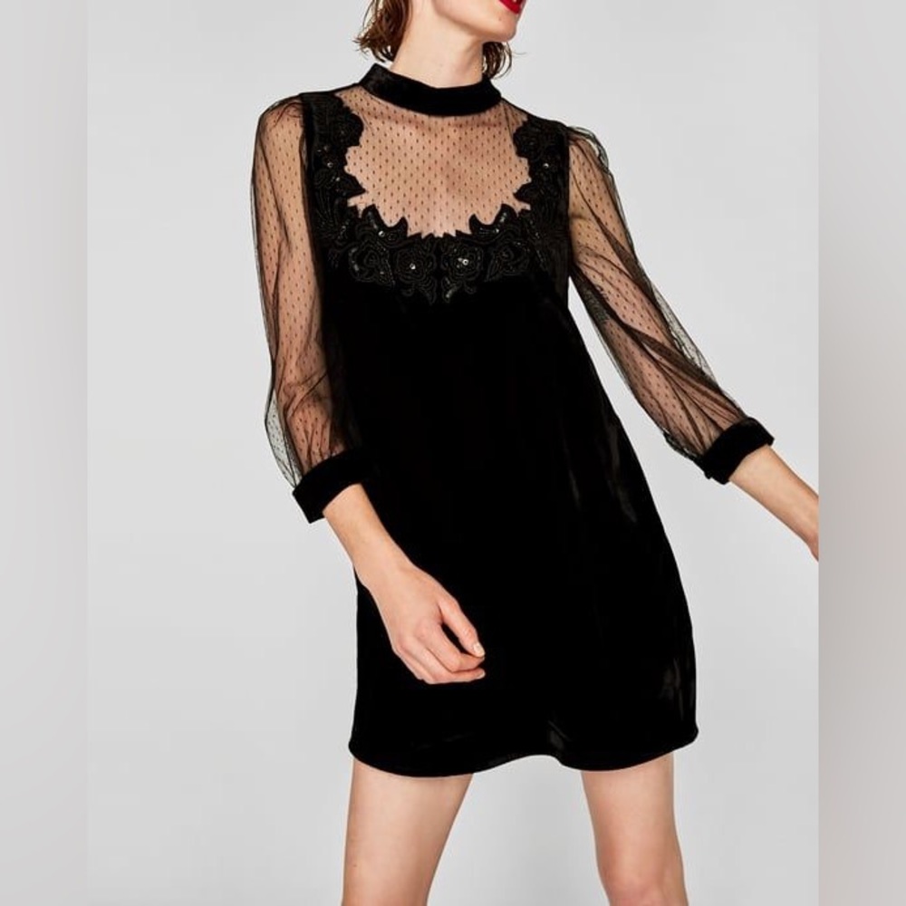 Zara Black Velvet Beaded and Sheet Lace Mini Dress Size M